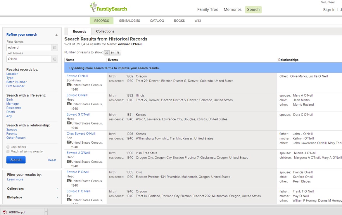Refined search results on FamilySearch.org