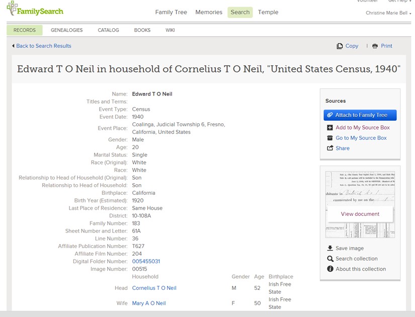Summary screen 1940 census result Family Search